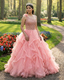 Quinceanera Dress Ball Gown Long Prom Dresses One Shoulder Beads - KissProm