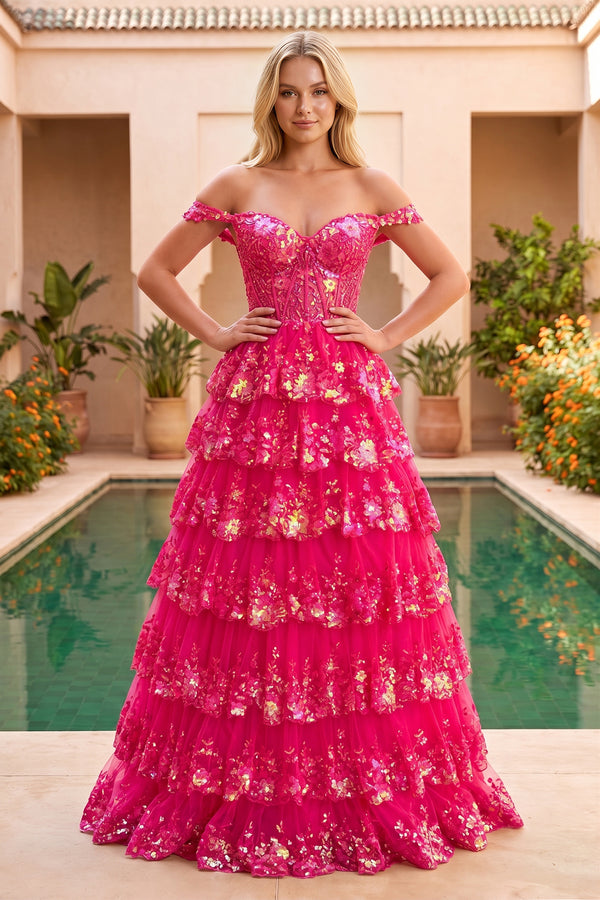 KissProm Princess Off the Shoulder Sequined Lace Prom Dress, Fuchsia / 12