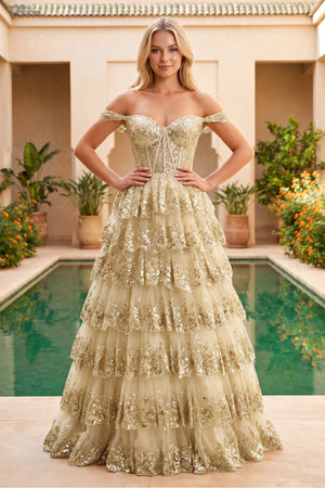 Leona |Princess Off the Shoulder Sequined Lace Prom Dress