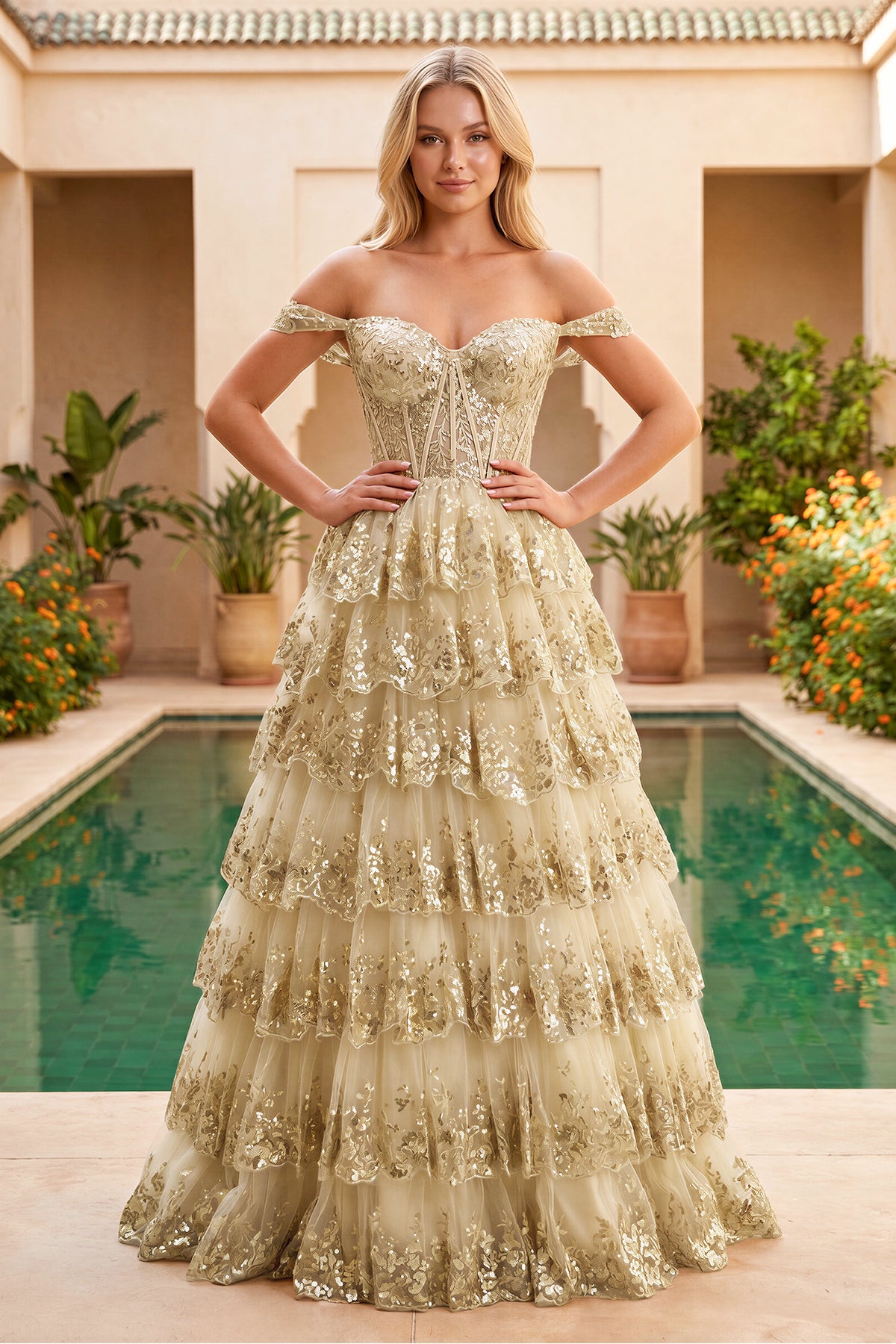 KissProm Princess Off the Shoulder Sequined Lace Prom Dress, Golden / 10