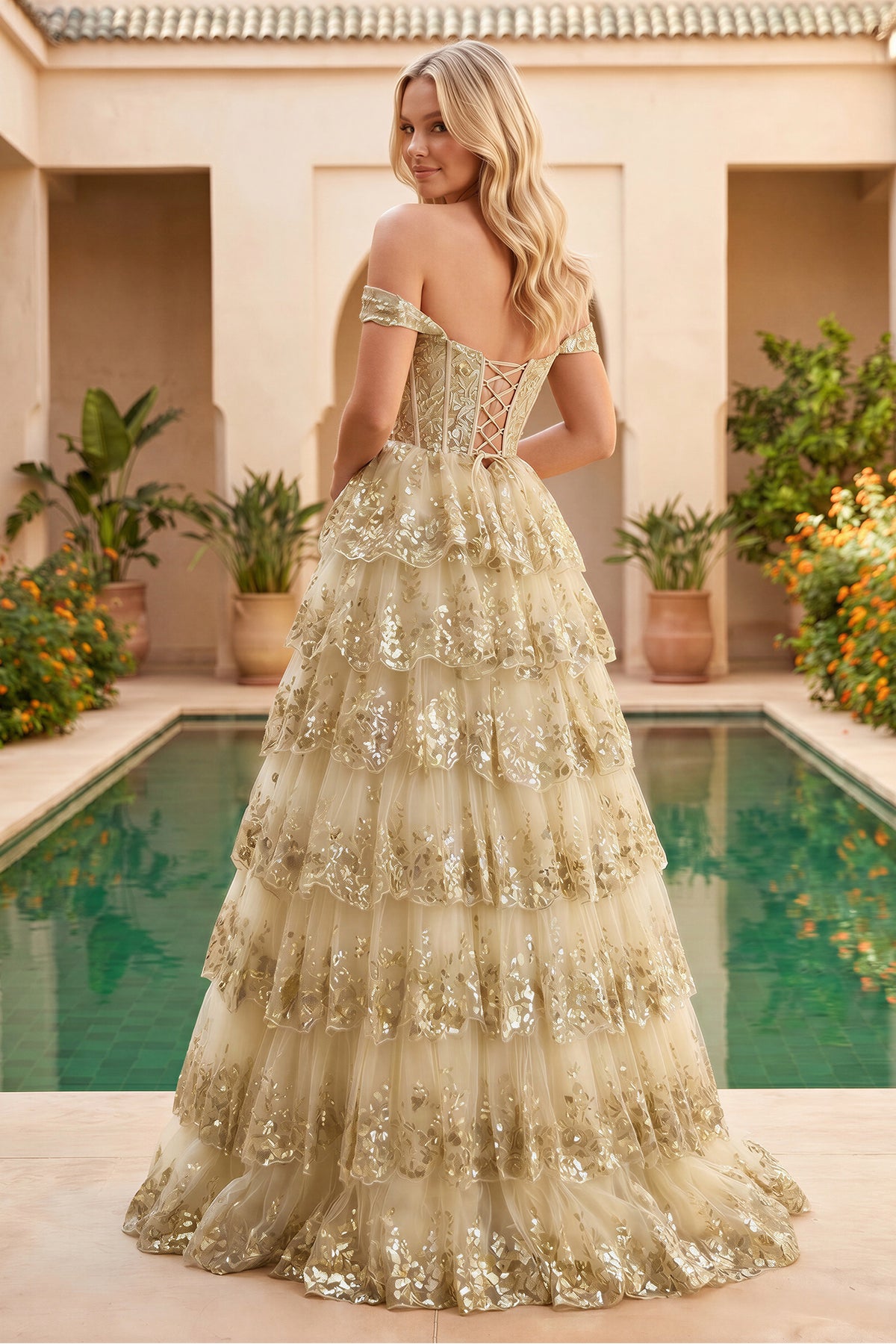 Princess Off the Shoulder Sequined Lace Prom Dress, Golden / 10 Princess Off the Shoulder Sequined Lace Prom Dress, Golden / 10