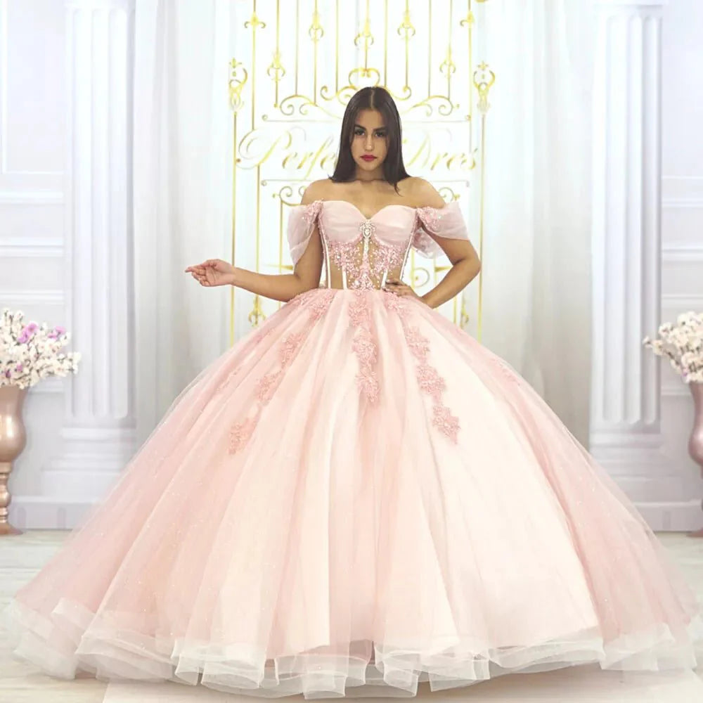 blush off the shoulder quince dress Ball-Gown Pink Off-the-Shoulder Quinceanera Dresses Pink / 2
