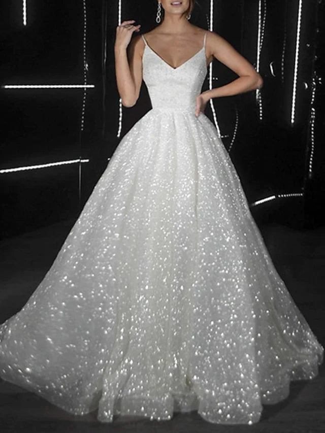 Noemi | Ball Gown Prom Dresses Glittering Dress Wedding Party Court Train Sleeveless Spaghetti Strap Tulle with Sequin