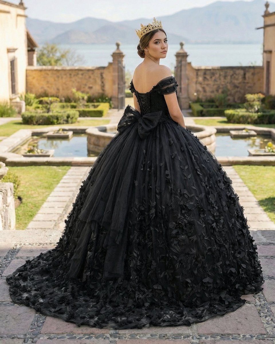 Black Ball Gown Off The Shoulder Quinceanera Dresses With Bowknot