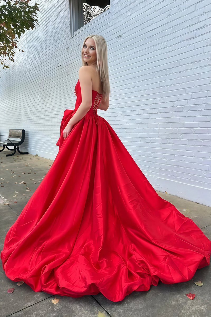 Corlina | Red - Scoop Neck A Line Satin Long Prom Dress With Floral - KissProm