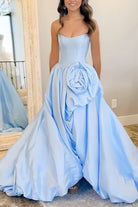 Corlina | Sky Blue - Scoop Neck A Line Satin Long Prom Dress With Floral - KissProm