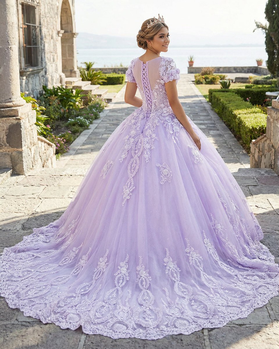 KissProm Quinceanera Dress Ball Gown Short Sleeves Beaded Prom Dresses With Appliques, Lavender / 4