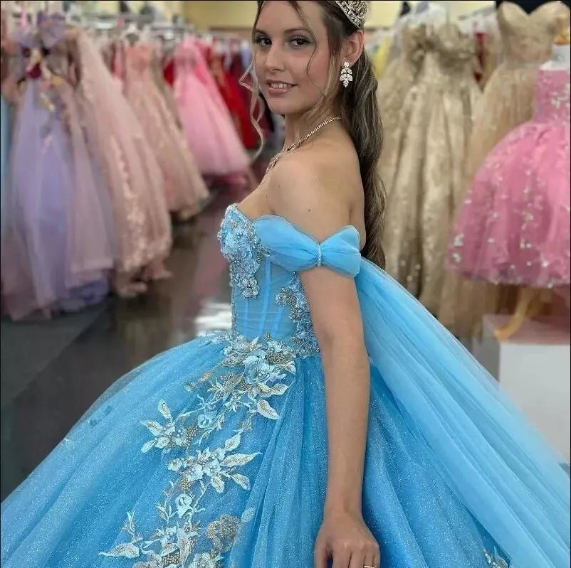 Ball - Gown Sky Blue Appliques Quinceanera Dresses with Cape - KissProm