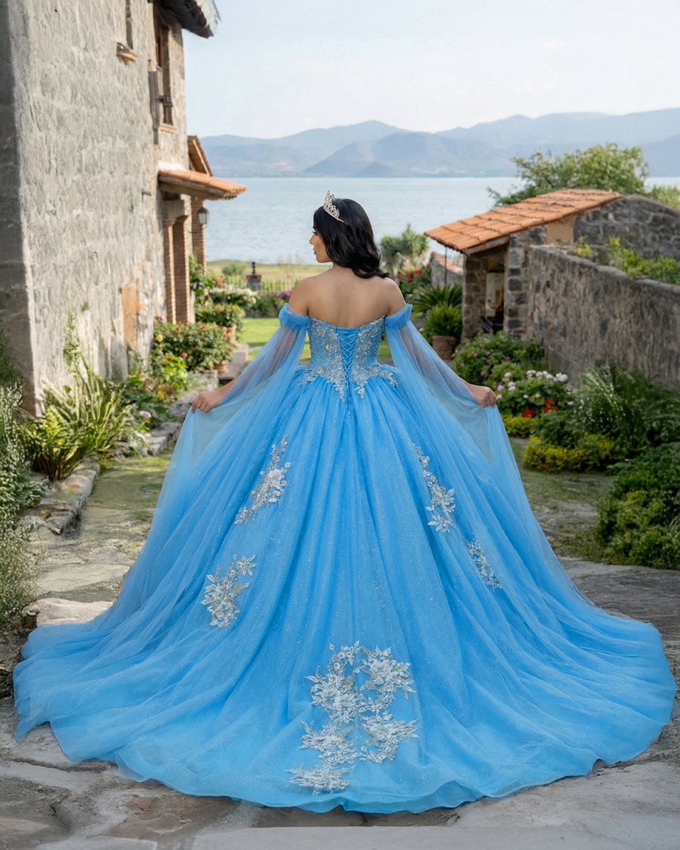 Ball-Gown Sky Blue Appliques Quinceanera Dresses with Cape Sky Blue / 16 Ball-Gown Sky Blue Appliques Quinceanera Dresses with Cape Sky Blue / 16