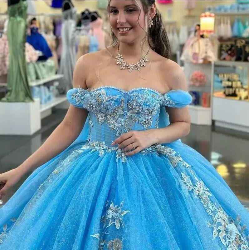 Ball - Gown Sky Blue Appliques Quinceanera Dresses with Cape - KissProm