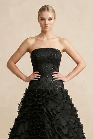 Ball - Gown Strapless Tulle Ruffled Wedding Dress in Black - KissProm Wedding Dresses