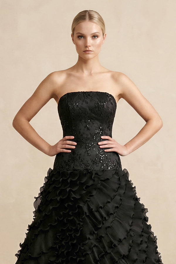 Ball - Gown Strapless Tulle Ruffled Wedding Dress in Black - KissProm Wedding Dresses