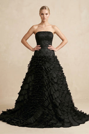 Ball - Gown Strapless Tulle Ruffled Wedding Dress in Black - KissProm Wedding Dresses