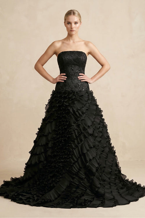 Ball - Gown Strapless Tulle Ruffled Wedding Dress in Black - KissProm Wedding Dresses