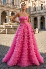 Ball Gown Sweetheart Pink Tiered Printed Tulle Prom Dress - KissProm