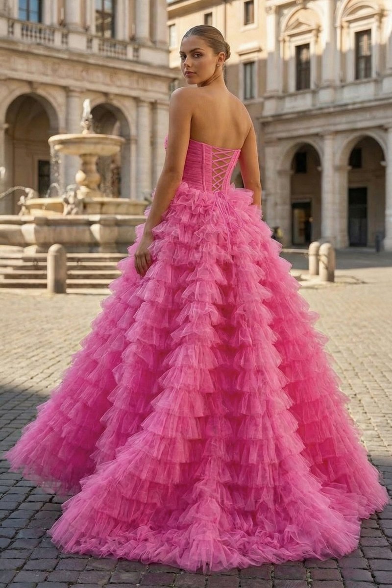 KissProm Ball Gown Sweetheart Pink Tiered Printed Tulle Prom Dress, Pink / Custom Size