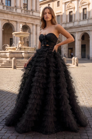 Ball Gown Sweetheart Pink Tiered Printed Tulle Prom Dress - KissProm