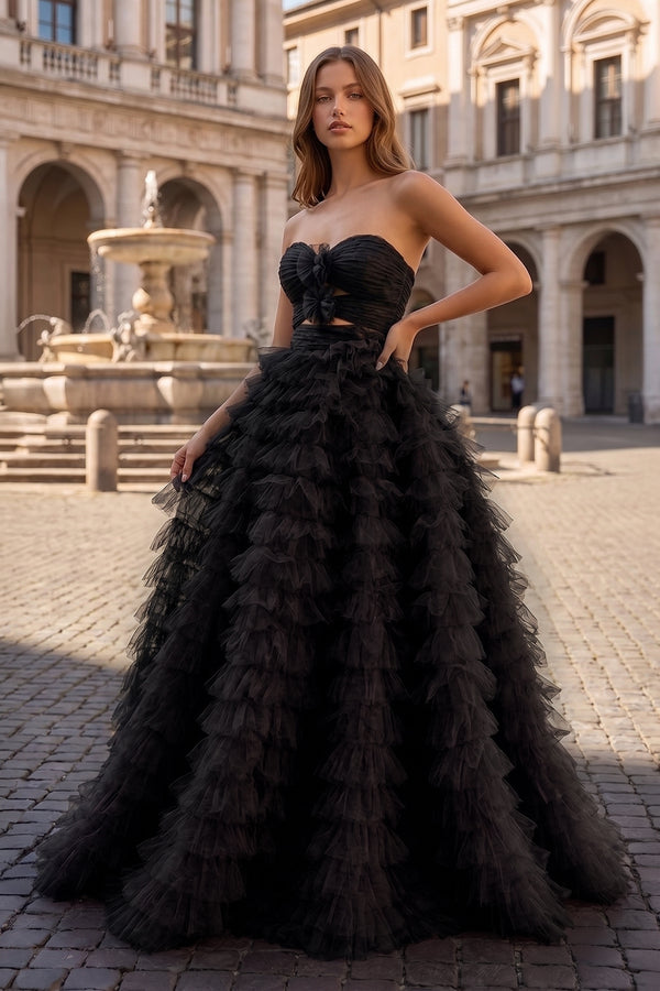 Ball Gown Sweetheart Pink Tiered Printed Tulle Prom Dress - KissProm