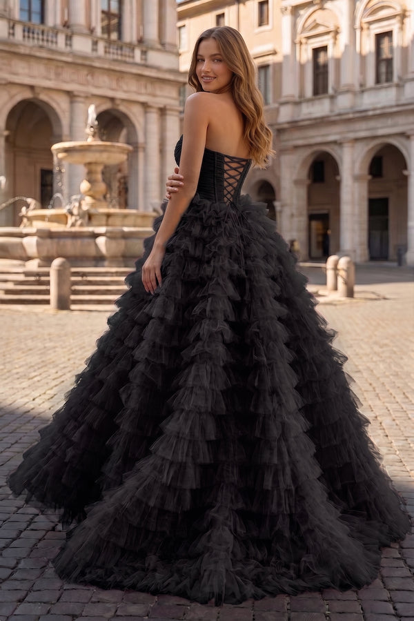 Ball Gown Sweetheart Pink Tiered Printed Tulle Prom Dress - KissProm
