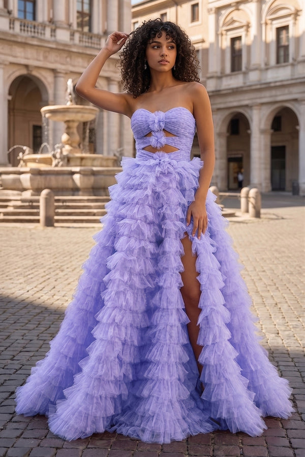 Ball Gown Sweetheart Pink Tiered Printed Tulle Prom Dress - KissProm