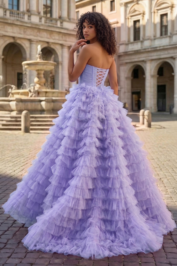 Ball Gown Sweetheart Pink Tiered Printed Tulle Prom Dress - KissProm