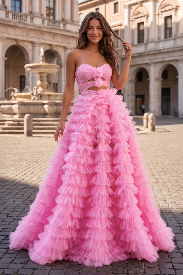 Ball Gown Sweetheart Pink Tiered Printed Tulle Prom Dress - KissProm