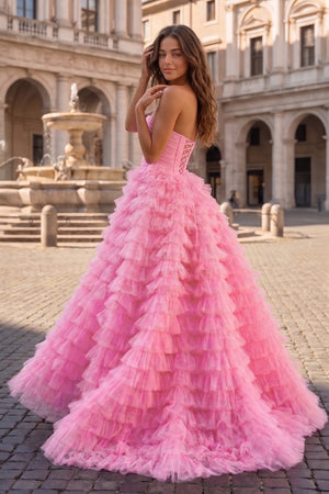 Ball Gown Sweetheart Pink Tiered Printed Tulle Prom Dress - KissProm