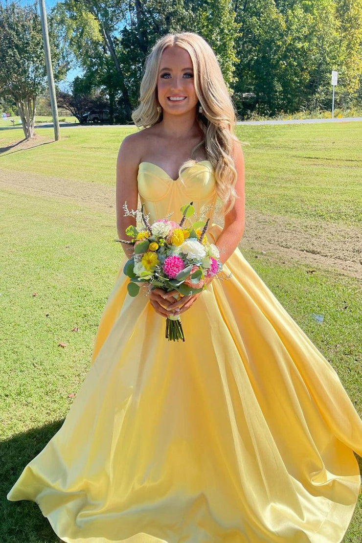Sweetheart Neck Gold Birthday Ball Gown Satin Long Prom Dress main image 1