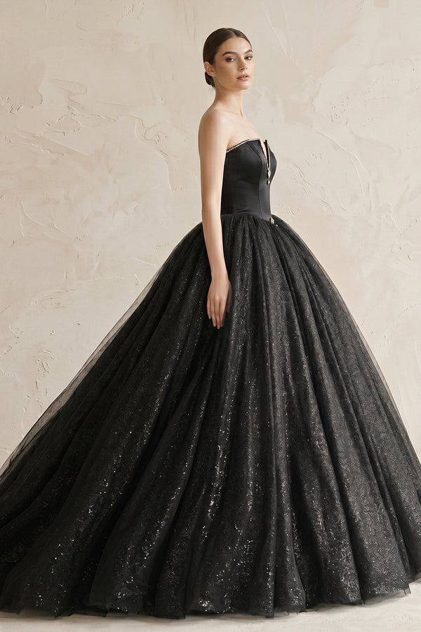 Ball - Gown Tulle Plunging Wedding Dress in Black - KissProm Wedding Dresses