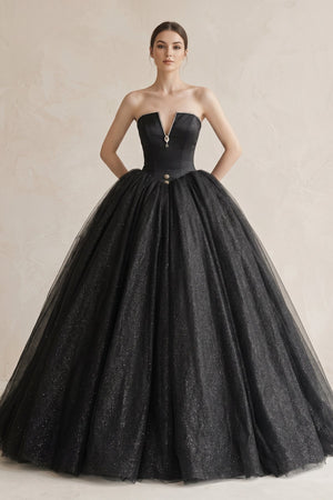 Ball - Gown Tulle Plunging Wedding Dress in Black - KissProm Wedding Dresses