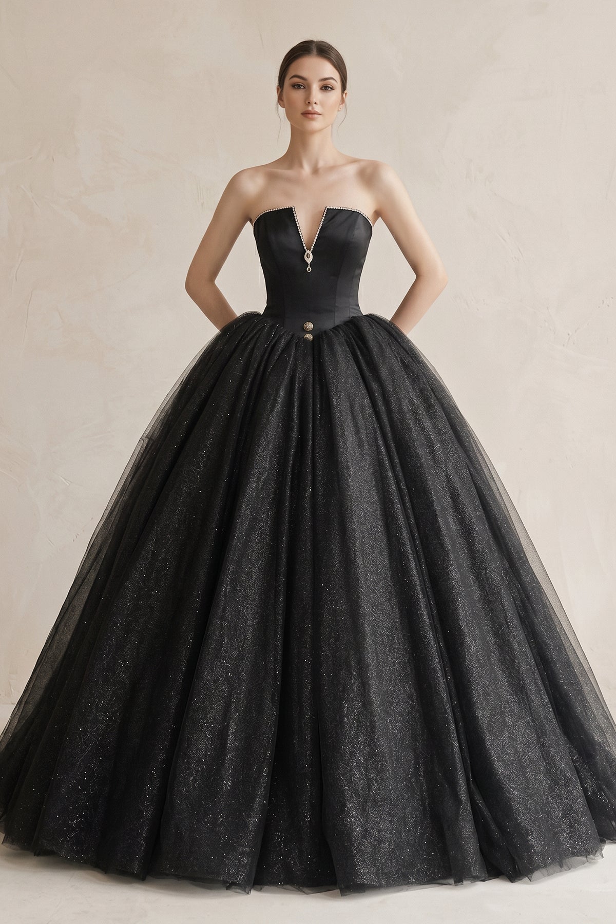 Ball - Gown Tulle Plunging Wedding Dress in Black - KissProm Wedding Dresses