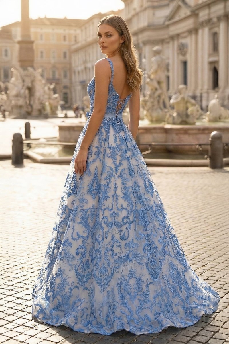 KissProm Blue A Line Square Neck Tulle Applique Long Prom Dresses with Lace Appliques, Blue / 2