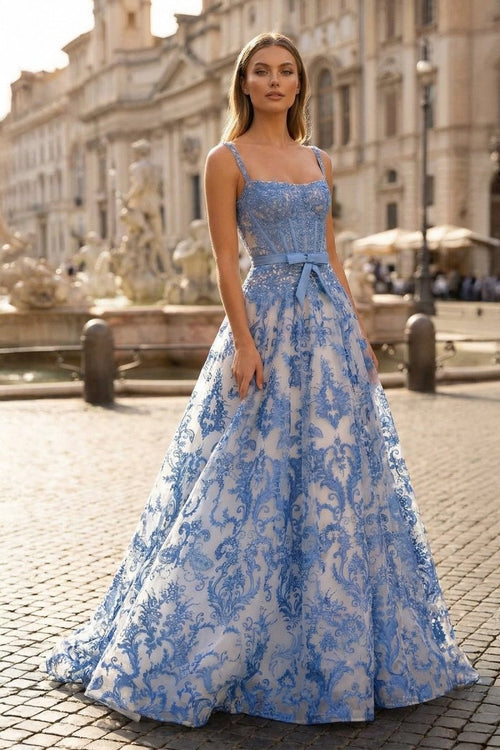 Baobabs | Blue - A Line Square Neck Tulle Applique Long Prom Dresses with Lace Appliques - KissProm