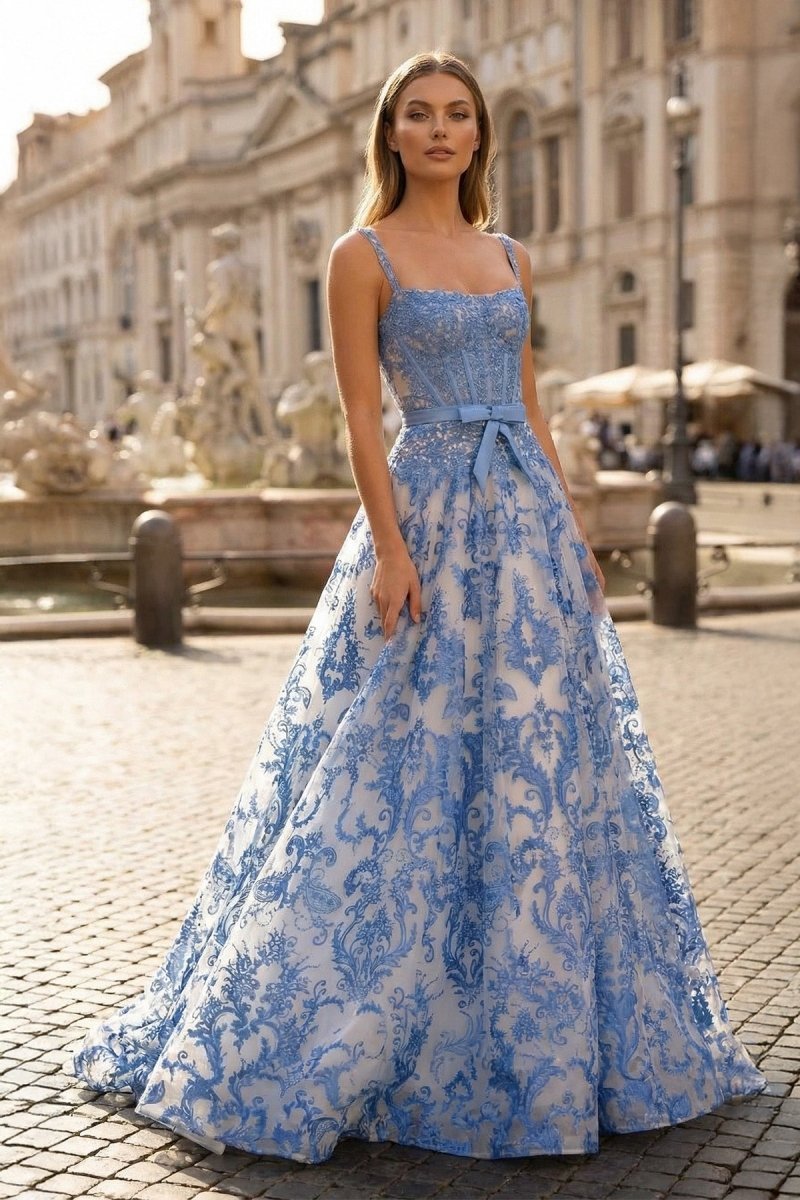 KissProm Blue A Line Square Neck Tulle Applique Long Prom Dresses with Lace Appliques, Blue / 2