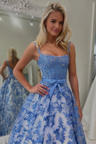 Baobabs | Blue - A Line Square Neck Tulle Applique Long Prom Dresses with Lace Appliques - KissProm