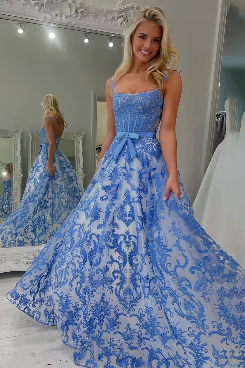 Blue A Line Square Neck Tulle Applique Long Prom Dresses with Lace Appliques Blue / 2 Blue A Line Square Neck Tulle Applique Long Prom Dresses with Lace Appliques Blue / 2