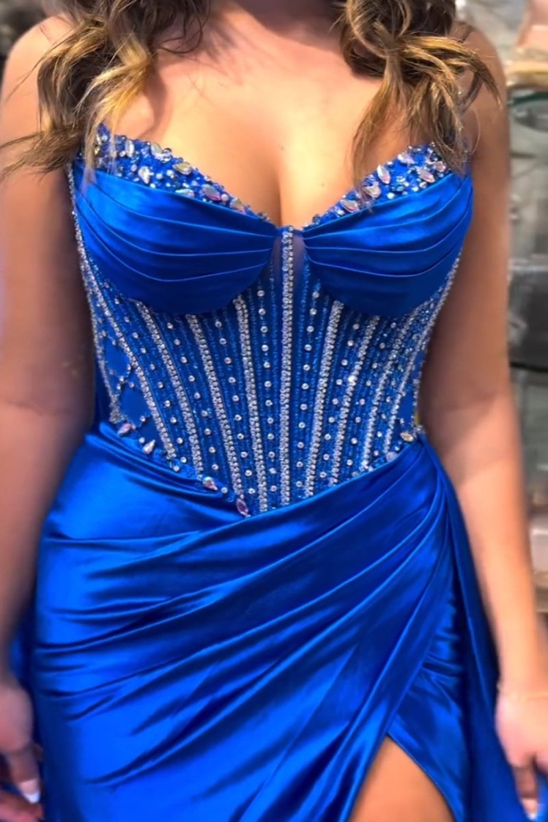 Glitter Royal Blue Satin Mermaid Spaghetti Straps Long Corset Prom Dress with Beading Royal Blue / 14 Glitter Royal Blue Satin Mermaid Spaghetti Straps Long Corset Prom Dress with Beading Royal Blue / 14