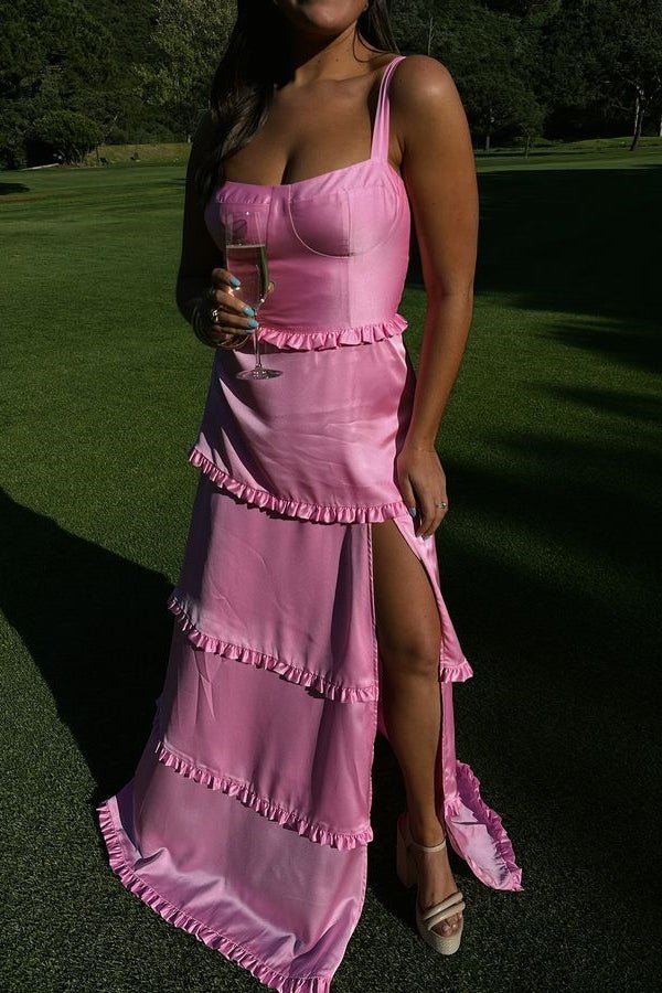 Raymond | A-Line Hot Pink Ruffles Slit Prom Dress with Lace-up Back