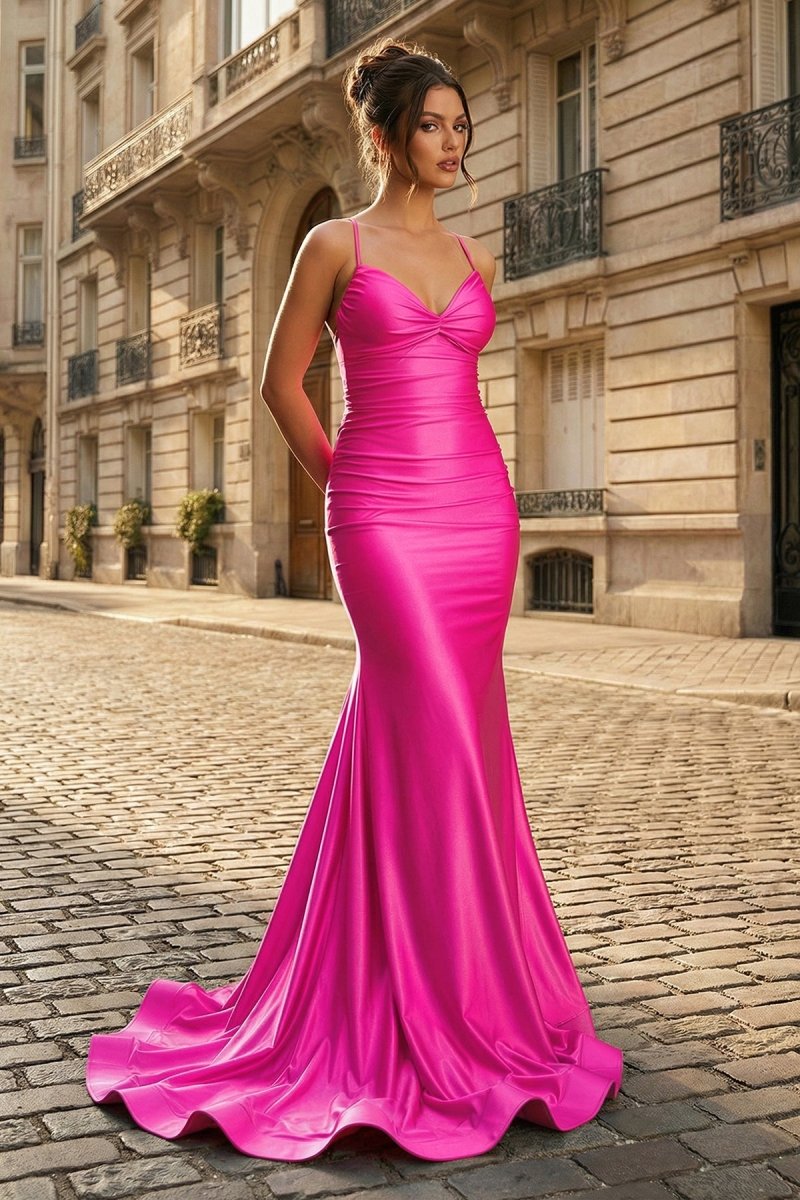 Mermaid Spaghetti Straps Blue Satin Long Prom Dress with Criss Cross Back - KissProm