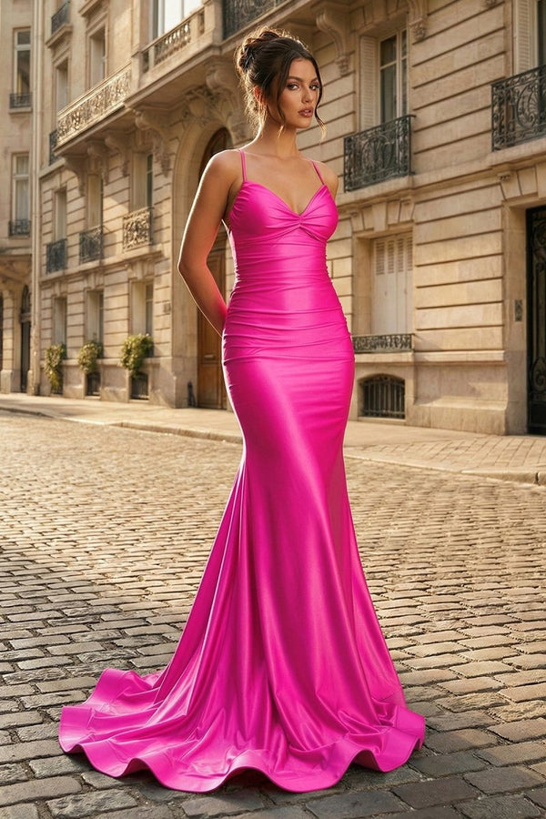 Mermaid Spaghetti Straps Blue Satin Long Prom Dress with Criss Cross Back - KissProm