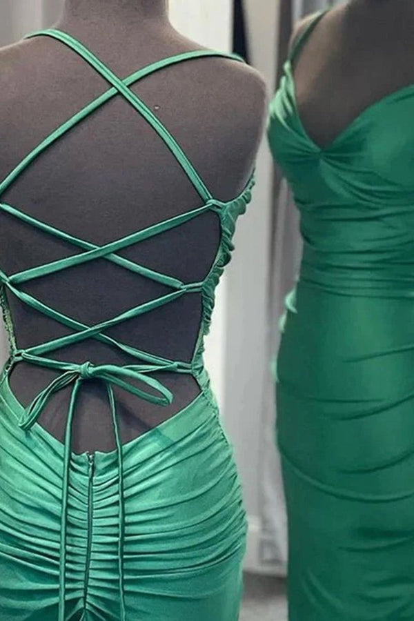 Mermaid Spaghetti Straps Blue Satin Long Prom Dress with Criss Cross Back - KissProm