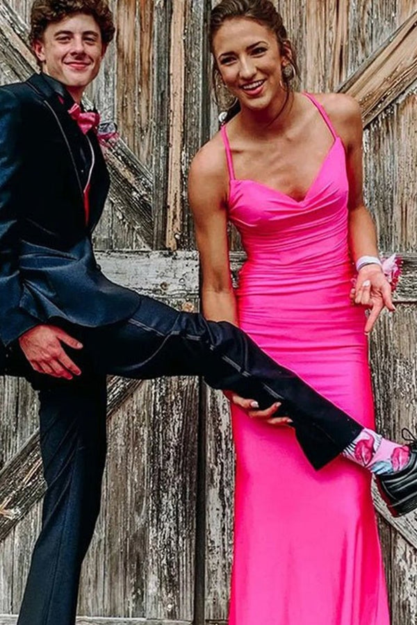 Mermaid Spaghetti Straps Blue Satin Long Prom Dress with Criss Cross Back - KissProm