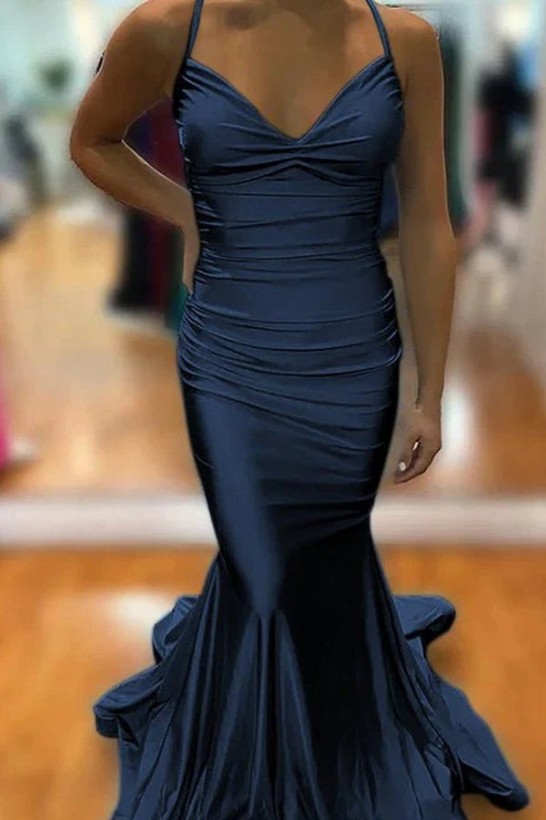 Mermaid Spaghetti Straps Blue Satin Long Prom Dress with Criss Cross Back - KissProm