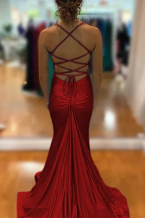 Mermaid Spaghetti Straps Blue Satin Long Prom Dress with Criss Cross Back - KissProm