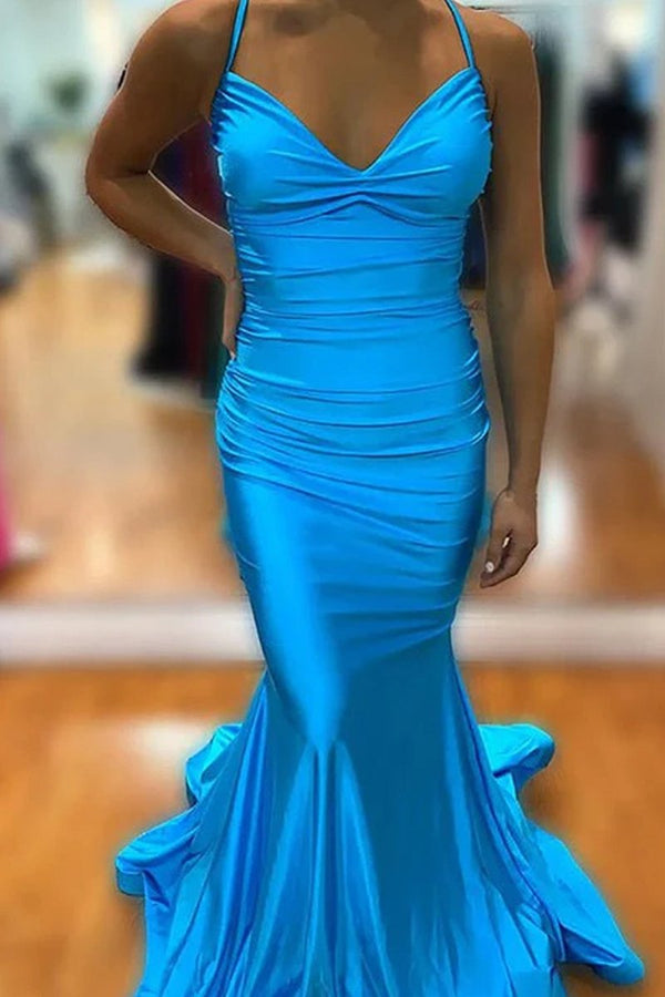 Mermaid Spaghetti Straps Blue Satin Long Prom Dress with Criss Cross Back - KissProm