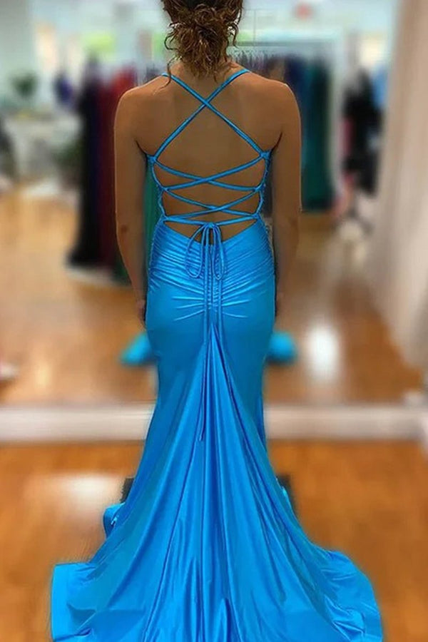 Mermaid Spaghetti Straps Blue Satin Long Prom Dress with Criss Cross Back - KissProm