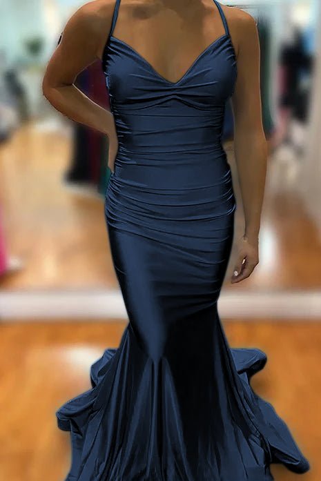 Barrie | Mermaid Spaghetti Straps Blue Satin Long Prom Dress with Criss Cross Back - KissProm