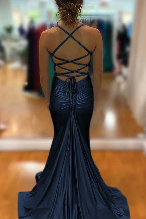 Barrie | Mermaid Spaghetti Straps Blue Satin Long Prom Dress with Criss Cross Back - KissProm