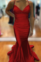 Barrie | Mermaid Spaghetti Straps Blue Satin Long Prom Dress with Criss Cross Back - KissProm