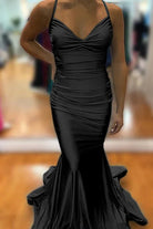 Barrie | Mermaid Spaghetti Straps Blue Satin Long Prom Dress with Criss Cross Back - KissProm